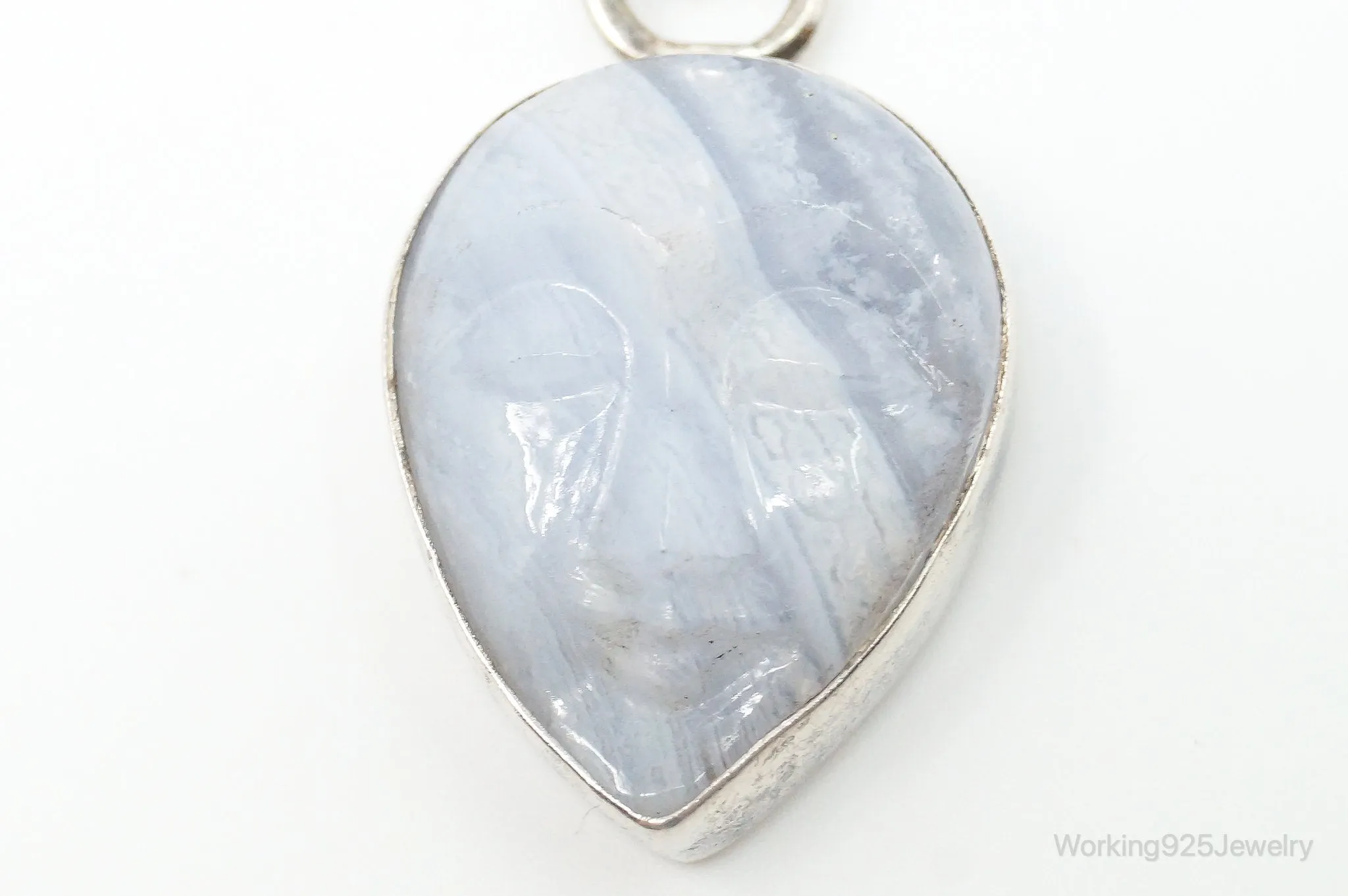 Vintage Blue Lace Agate Moon Face Sterling Silver Pendant