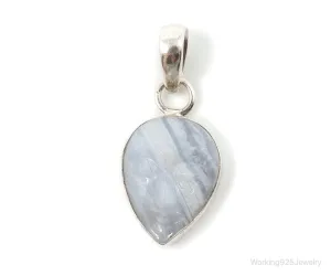 Vintage Blue Lace Agate Moon Face Sterling Silver Pendant