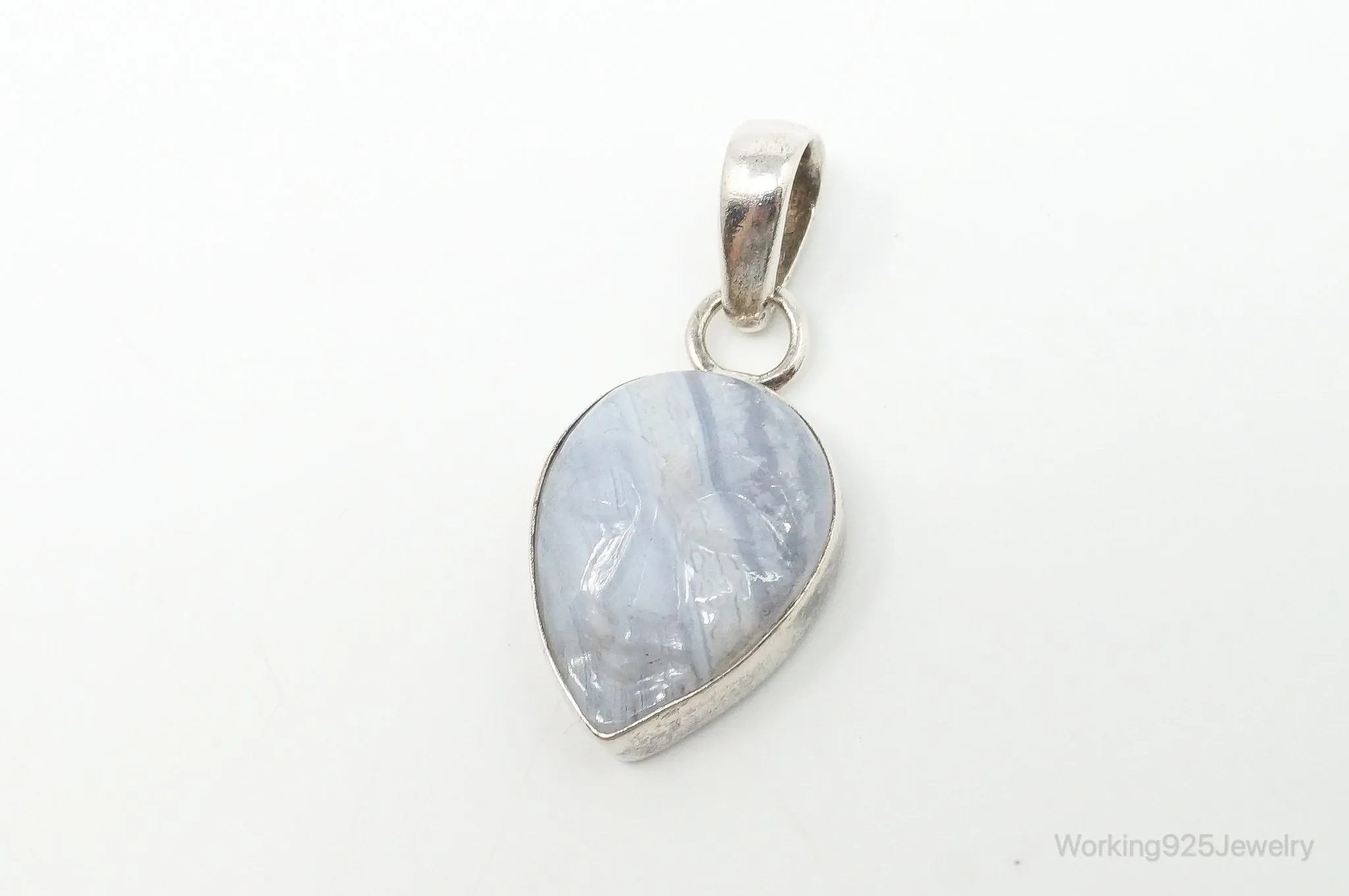 Vintage Blue Lace Agate Moon Face Sterling Silver Pendant