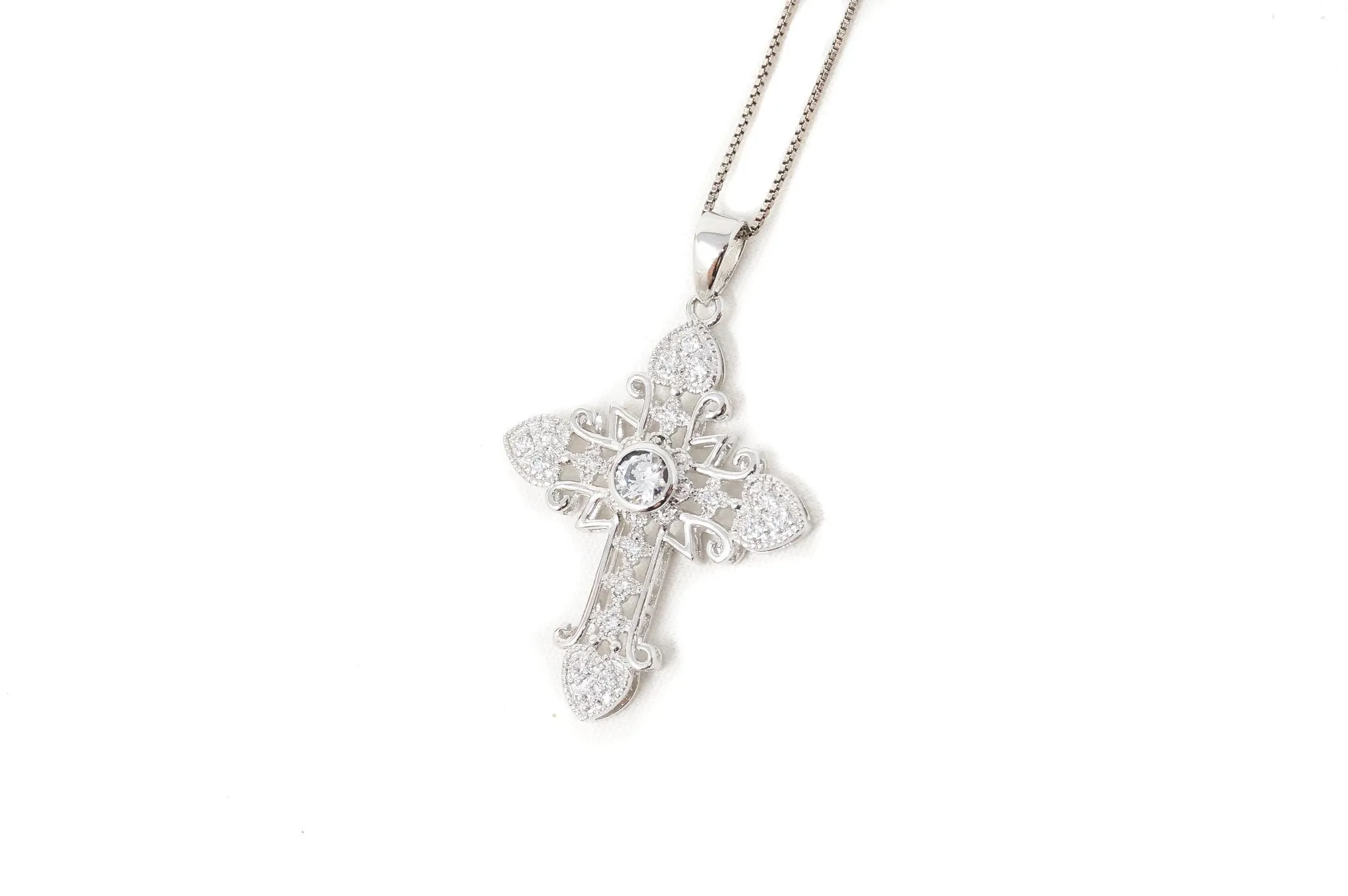 Vintage Cubic Zirconia Cross Heart Sterling Silver Pendant Necklace