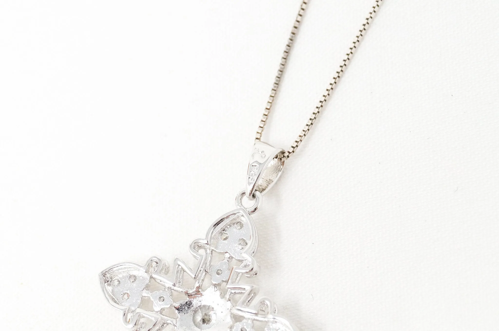 Vintage Cubic Zirconia Cross Heart Sterling Silver Pendant Necklace