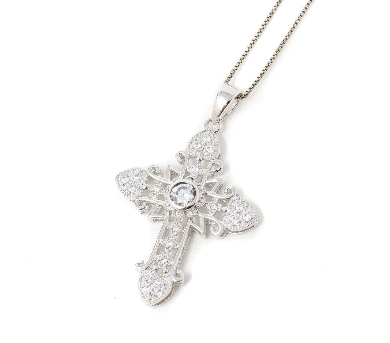 Vintage Cubic Zirconia Cross Heart Sterling Silver Pendant Necklace