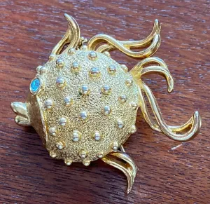 Vintage Gold Tone Blue Rhinestone Puffer Fish Solid Perfume Brooch Pin Locket