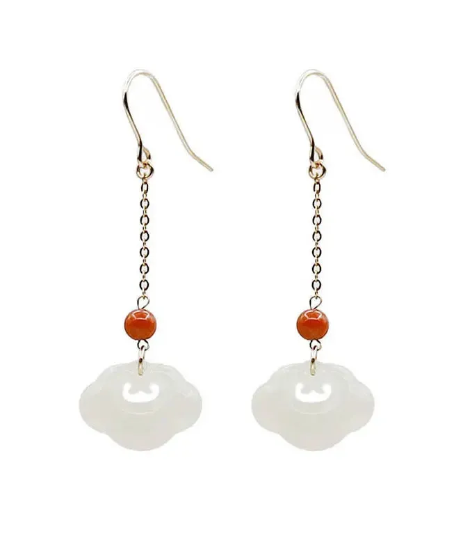 White 18K Gold Jade Ruyi Agate Drop Earrings