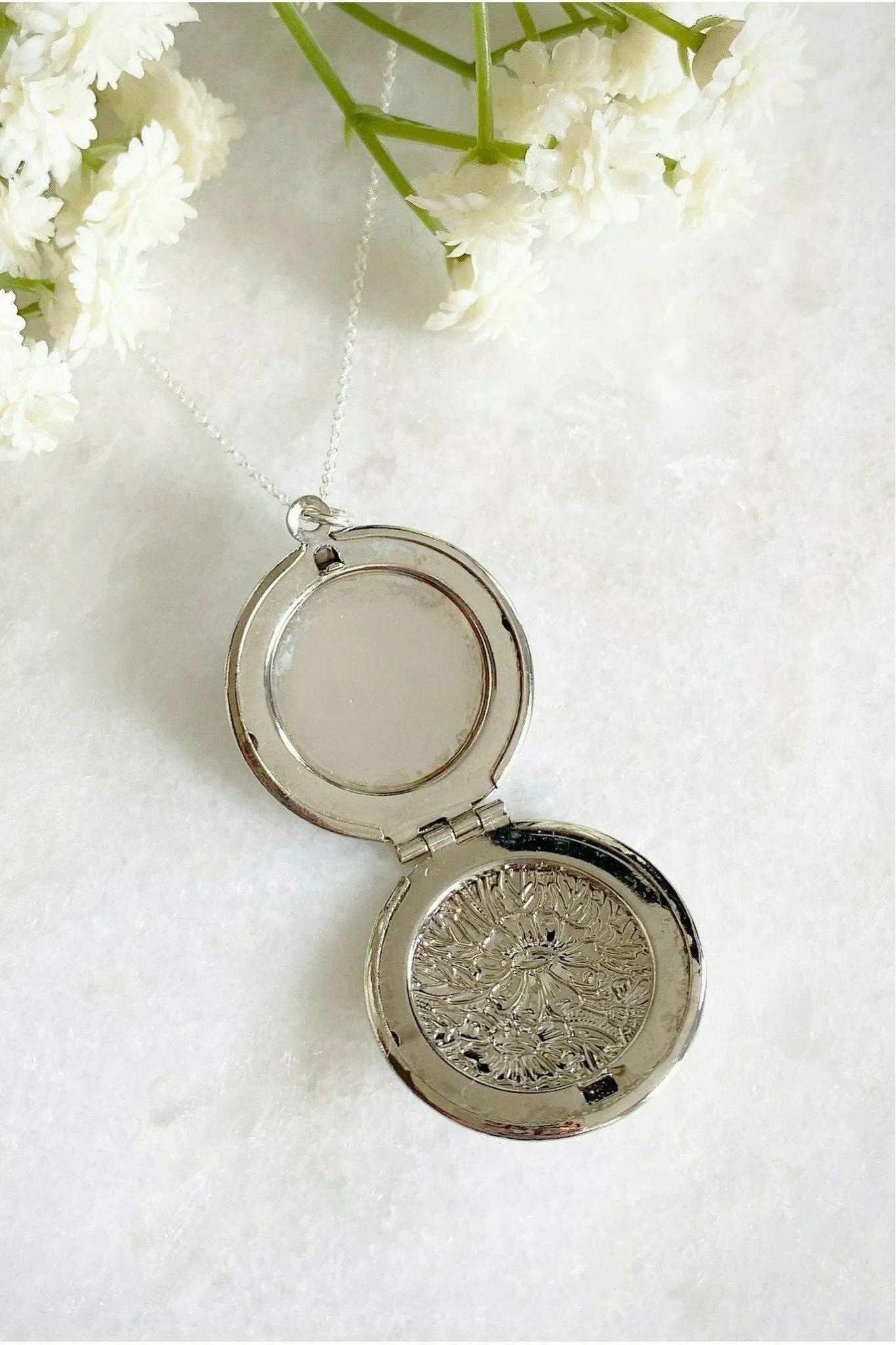 Wisteria London Laurel Flower Round Locket- Silver