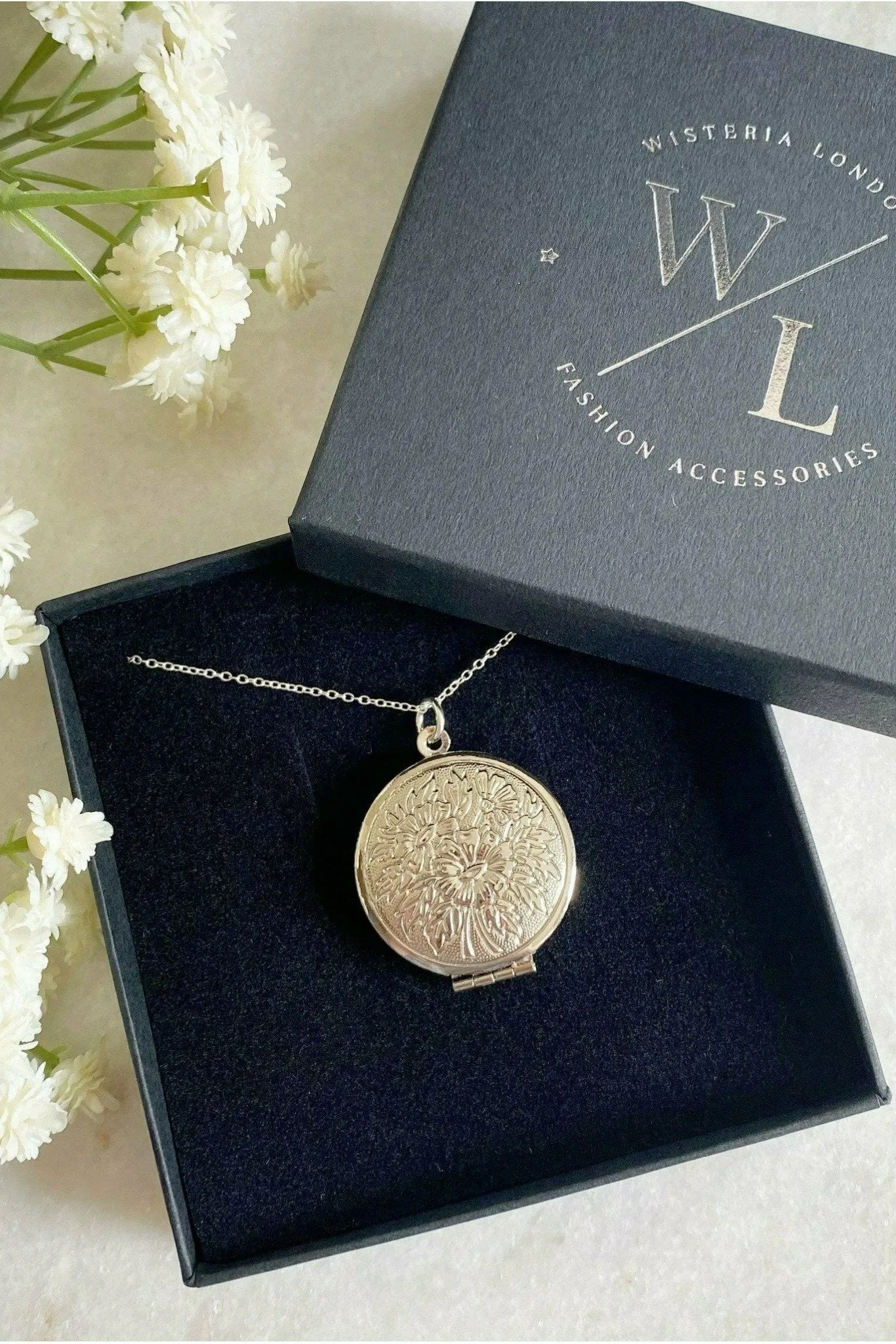 Wisteria London Laurel Flower Round Locket- Silver