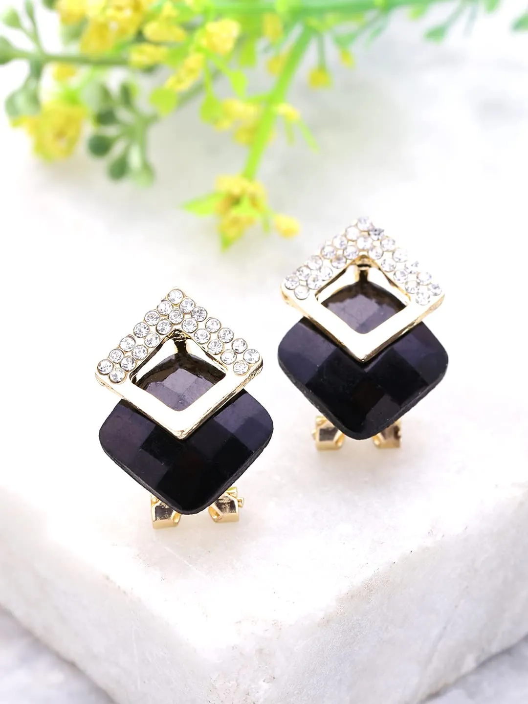 Yellow Chimes Stud Earrings for Women Black Crystal Earrings Elegant Gold Plated Crystal Square Stud Earrings for Women and Girls.